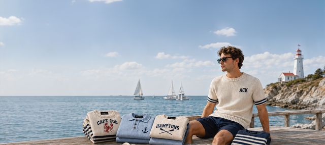 Cape Cod, polo and Hamptons sweaters folded on a New England dock, a model in a cream ACK knit and a lighthouse beyond
